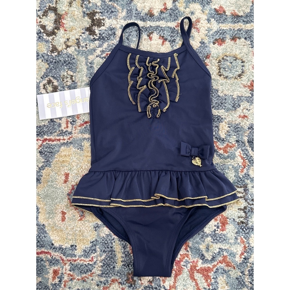 Angel's Face Swimsuit Girls 2-3 Navy Blue Gold Ruffle Bow NWT